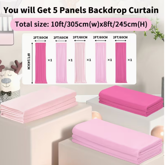10x8 Feet Gradient Pink Backdrop Curtain, 5-Panel Wrinkle-Free Photo Backdrop