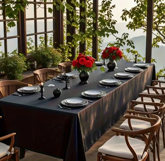 Black Polyester Tablecloth with Elastic – Premium Texture for Weddings, Parties & Banquets