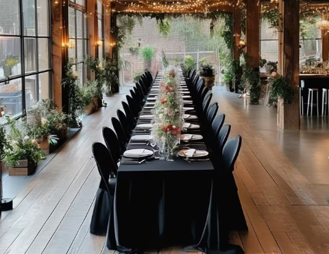 Black Polyester Tablecloth with Elastic – Premium Texture for Weddings, Parties & Banquets