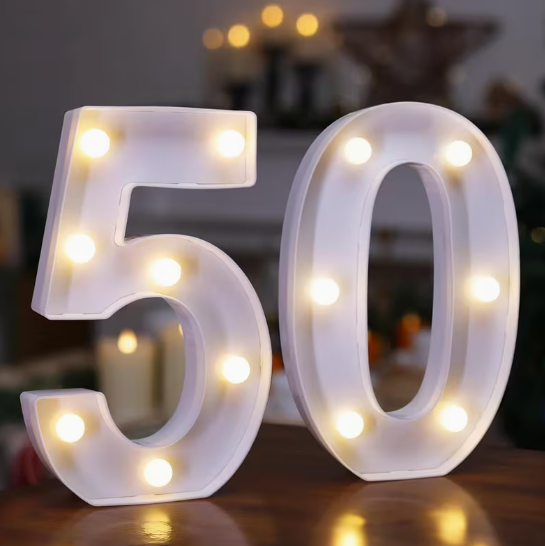 LED Number '50' Sign, Set of 2 – Battery-Operated Night Light for 50th Birthday Party