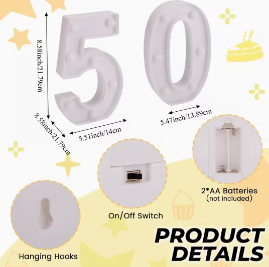 LED Number '50' Sign, Set of 2 – Battery-Operated Night Light for 50th Birthday Party